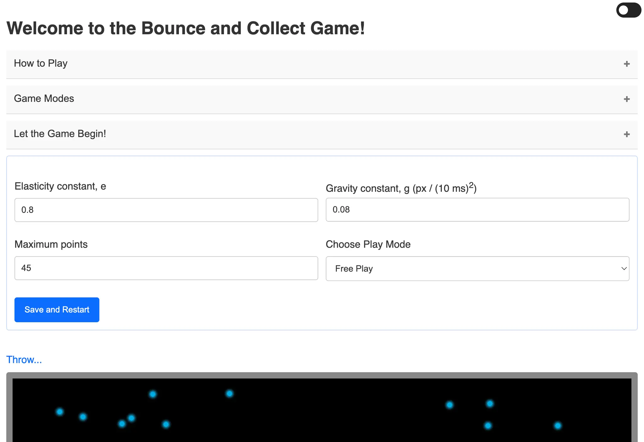 Bounce and Collect Game Home Section