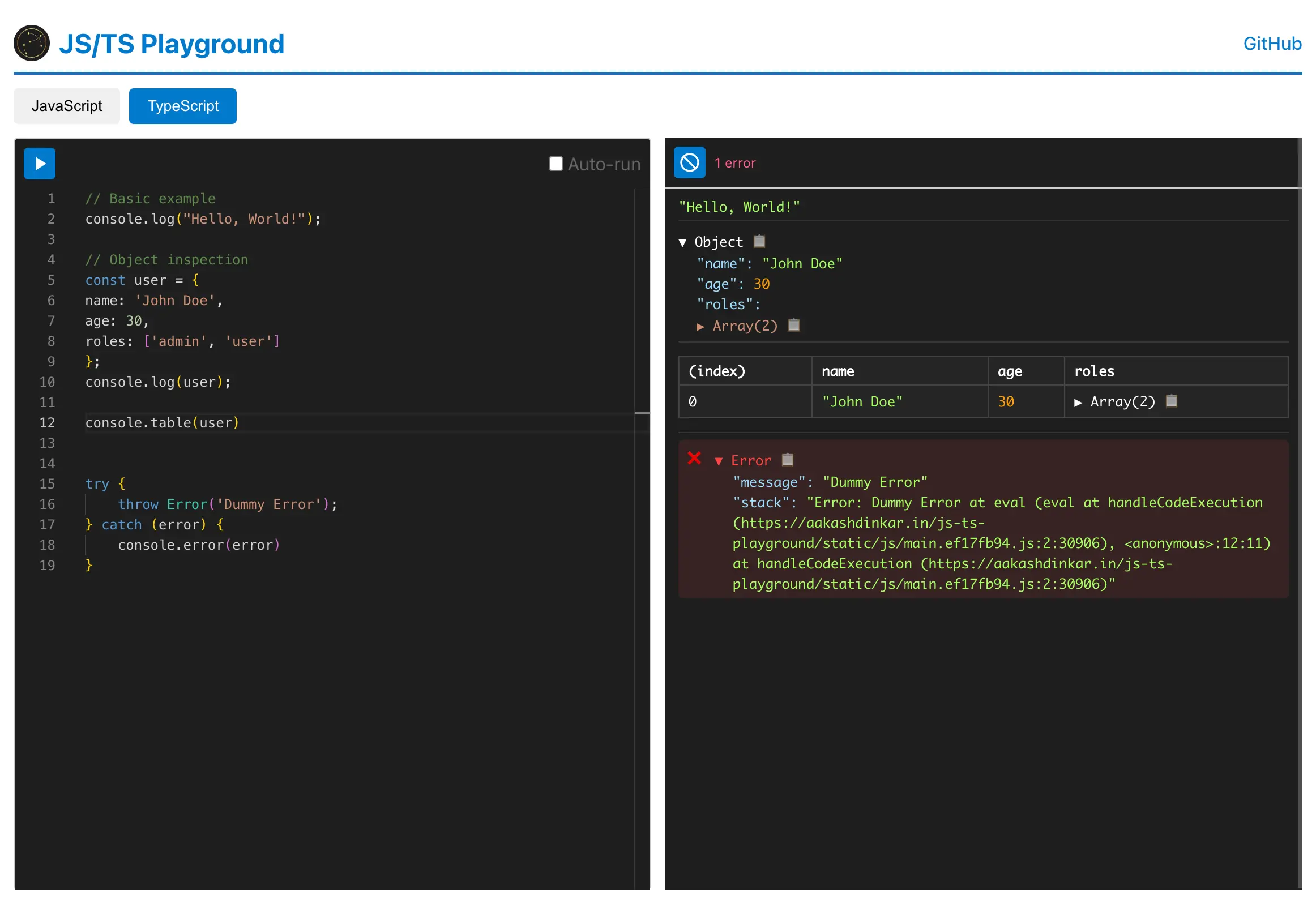 JS/TS Playground Home Page